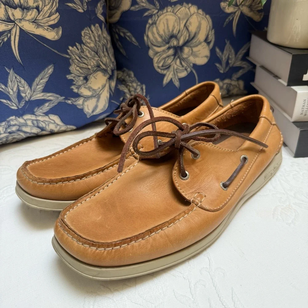 Tommy Bahama Tan and Brown Boat Shoes with Moccasin Construction